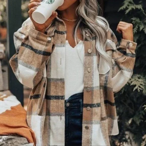 Plaid Flannel Button Shirt Jacket Shacket New Tan Oversized Pockets Wool NEW - Picture 3 of 7